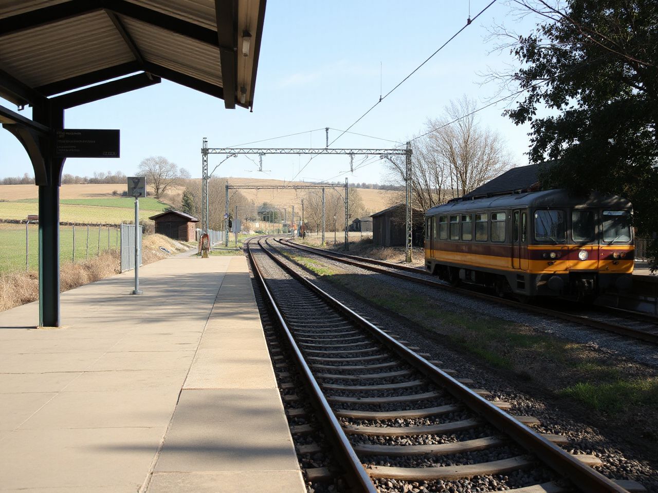 A quiet rural train station platform surrounded by open fields, ideal for emergency bike trip bail-outs