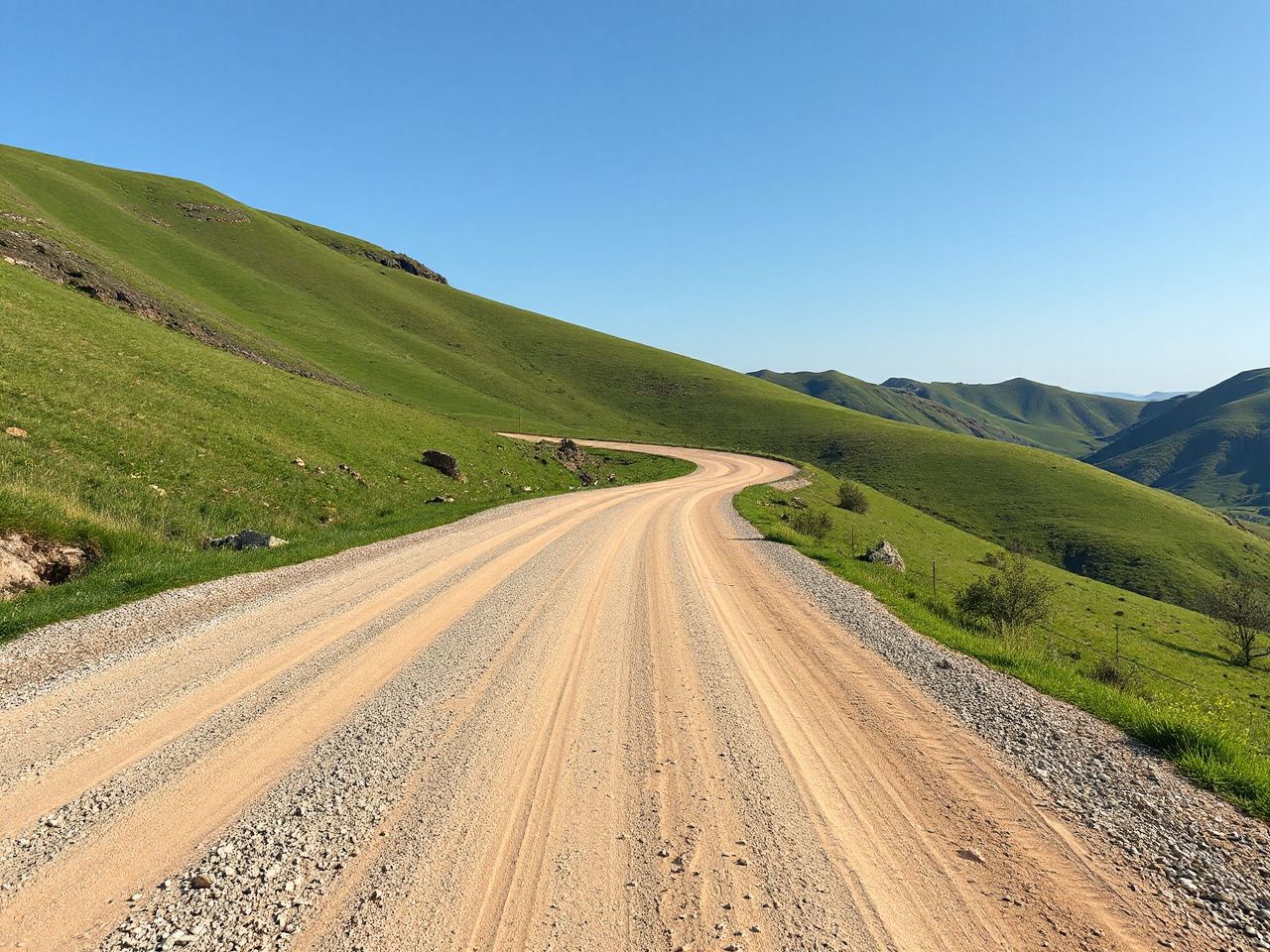 A gravel country road winding through green hills, with fresh bicycle tire tracks in the dust