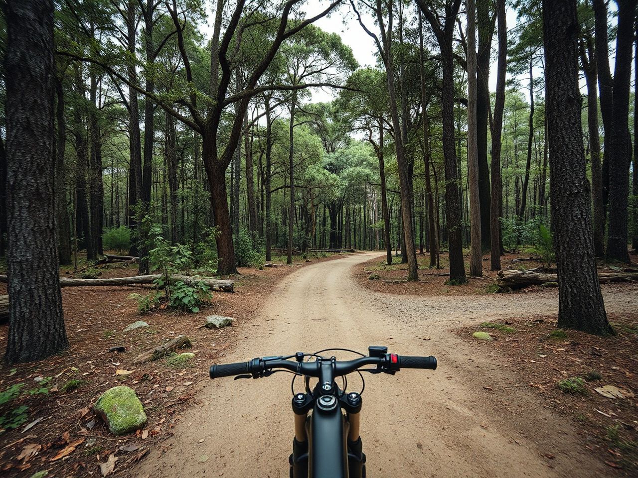 A peaceful forest trail with a narrow dirt path, highlighting the importance of comfortable saddle design outdoors
