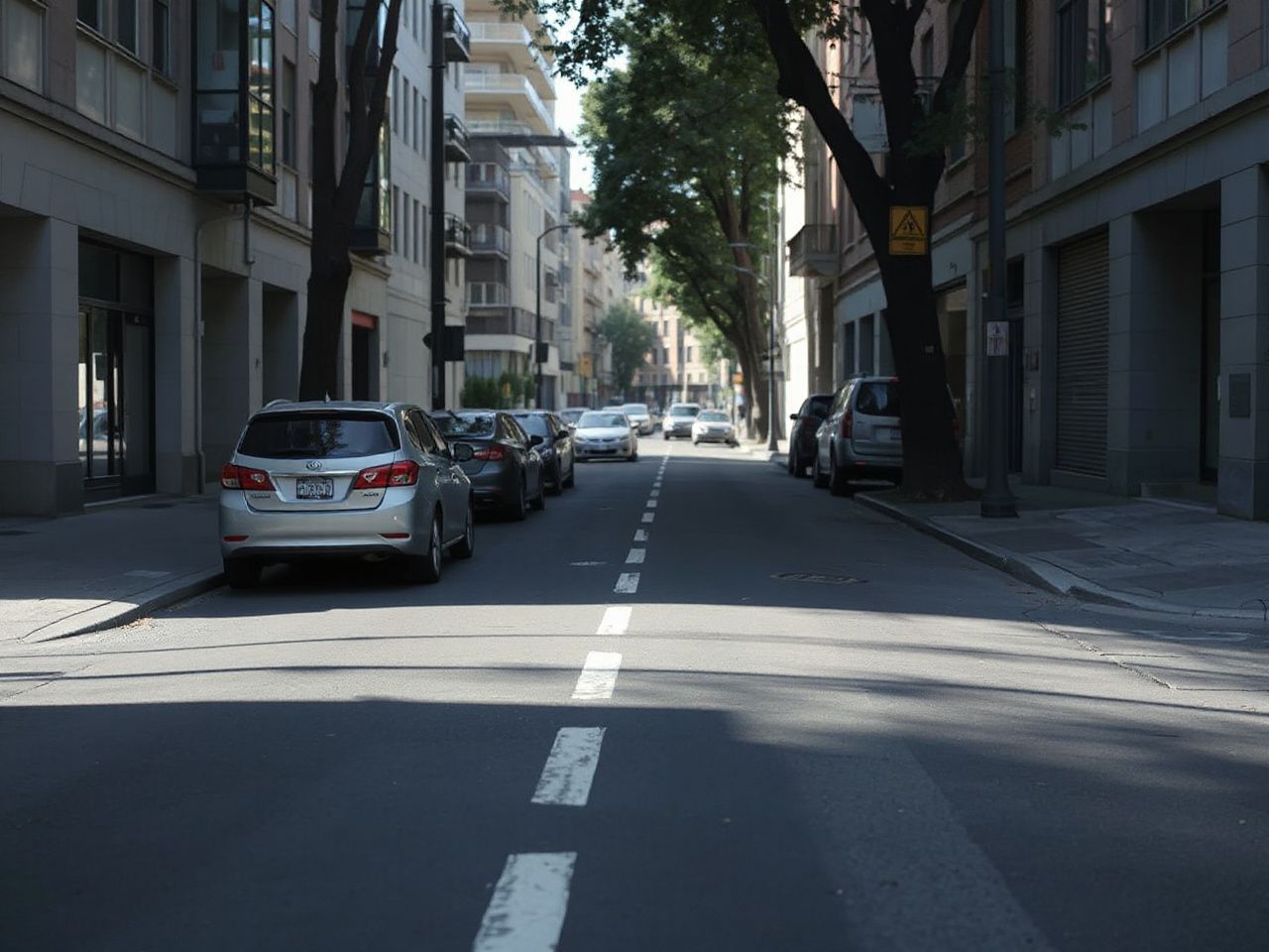A quiet urban street with a narrow bike lane partially obscured by parked cars and shadows