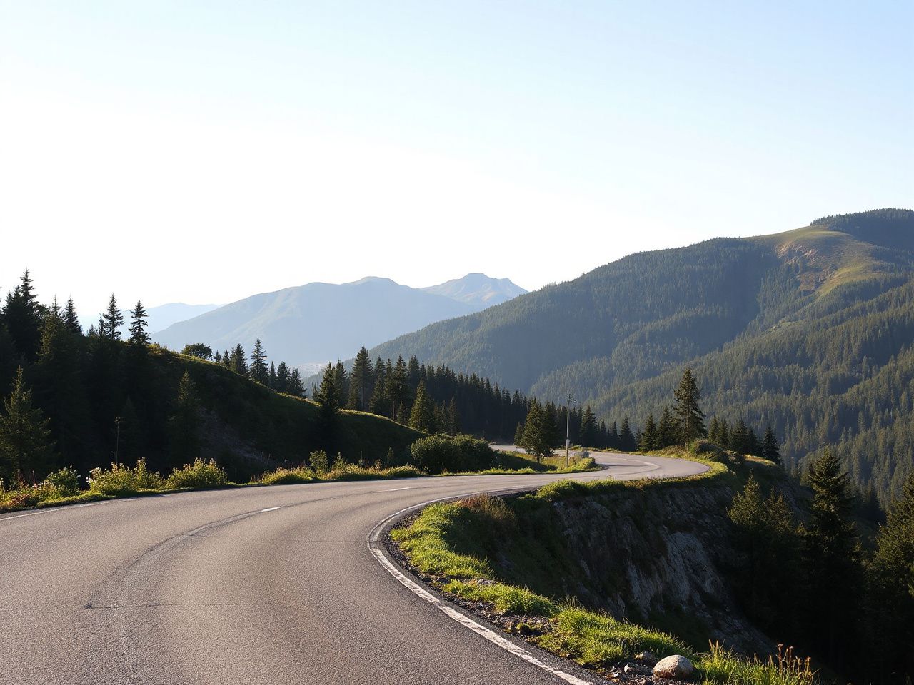 A winding mountain road bathed in morning light, surrounded by lush green forests and distant peaks