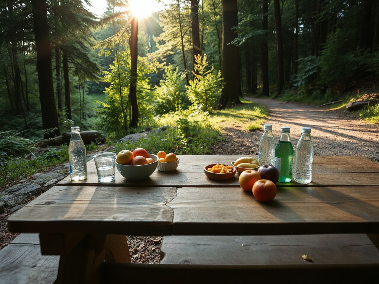 A rustic wooden picnic table beside a sunlit forest trail, scattered with fresh fruit and water bottles