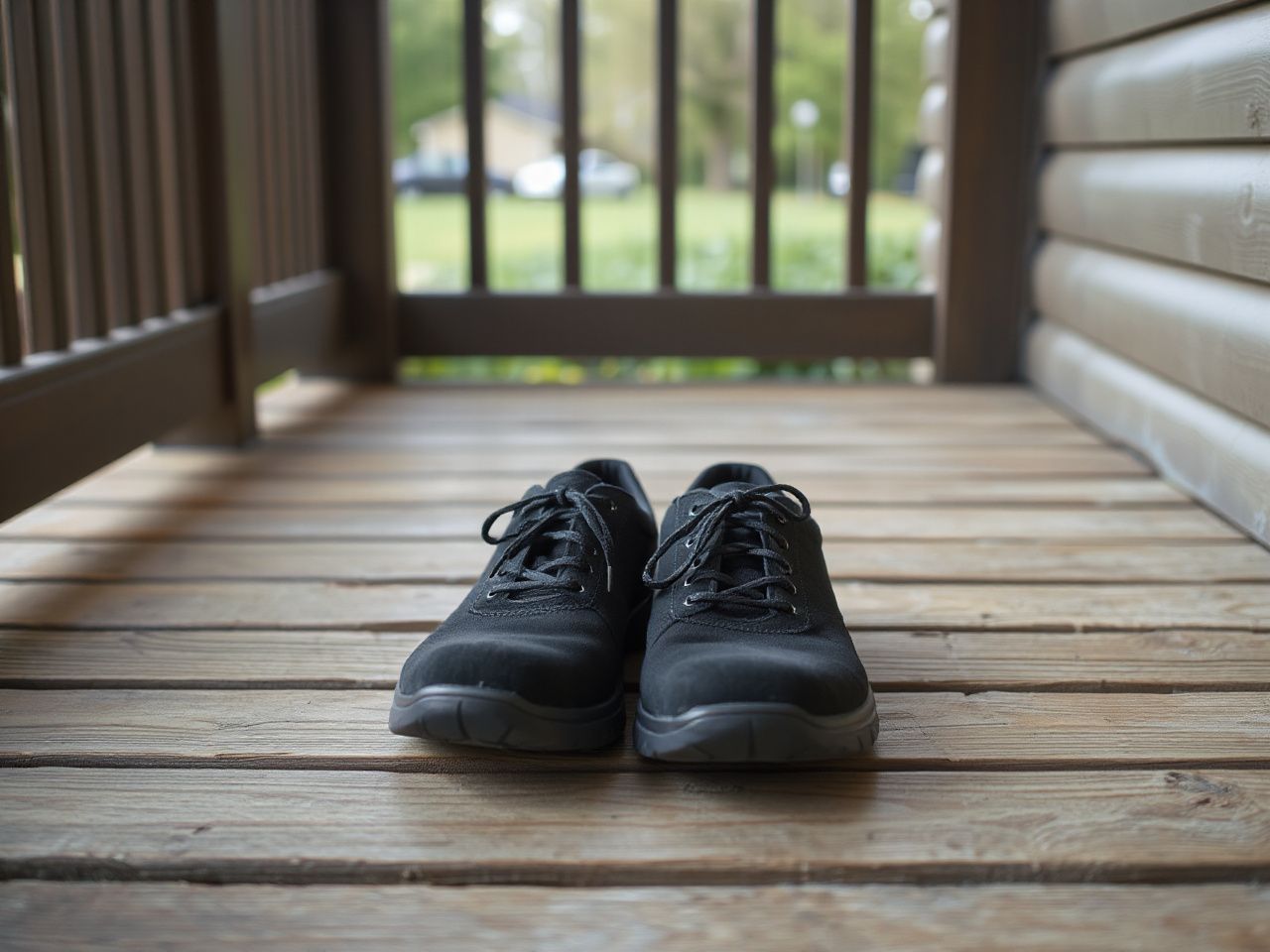 A pair of plain black comfortable walking shoes on a wooden porch step in soft light