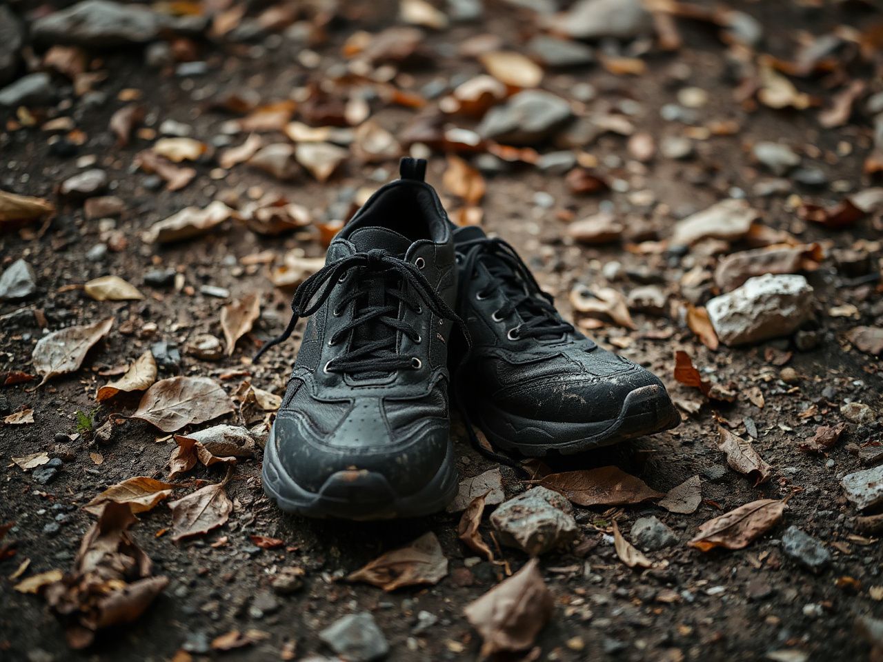 Worn-out black shoes resting on a rocky mountain trail, surrounded by scattered leaves and dirt