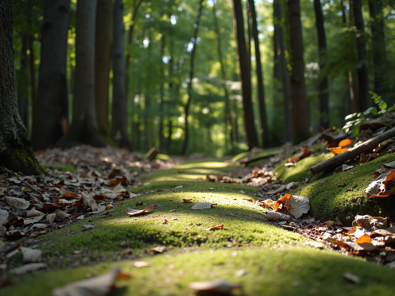 A sunlit forest trail with scattered leaves, highlighting natural textures like smooth bark and soft moss underfoot