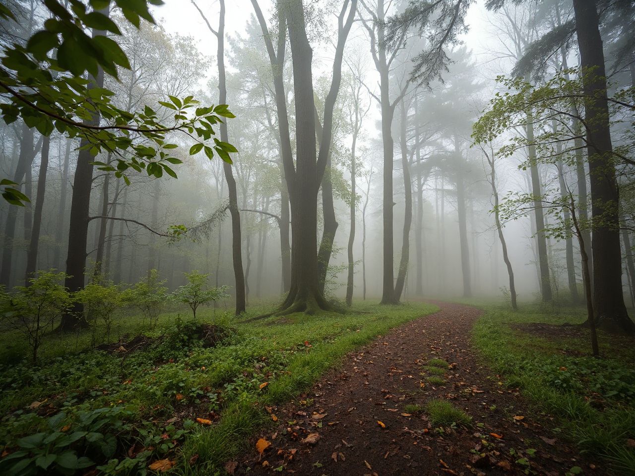 A misty forest trail with damp leaves and soft light filtering through overcast skies, highlighting nature’s delicate texture