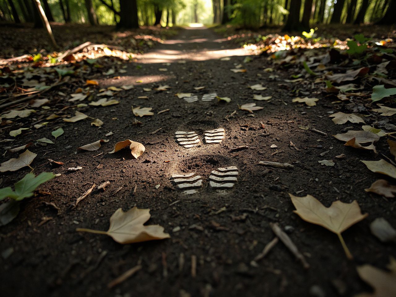 Close-up of a shaded forest trail highlighting soft midsole foam impressions on dark soil beneath scattered leaves