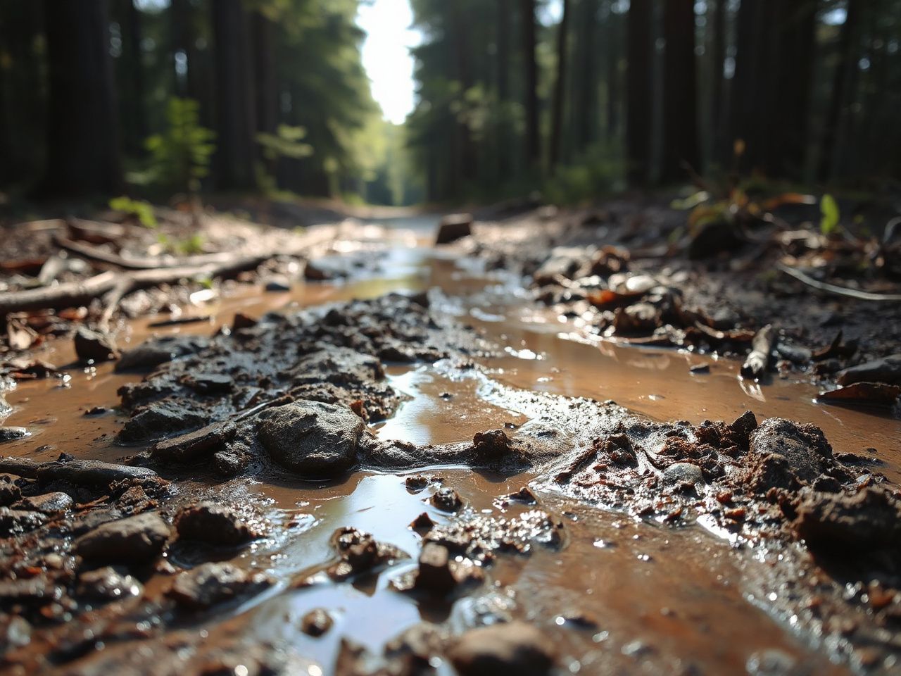 A muddy forest trail with puddles reflecting sunlight, illustrating common conditions that test waterproof shoe durability