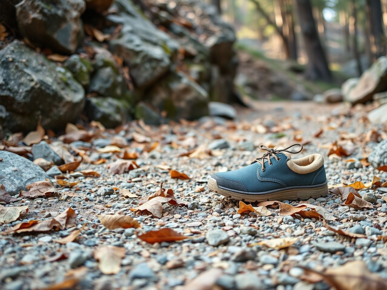 A rocky mountain path with scattered leaves, highlighting the importance of proper shoe sizing outdoors