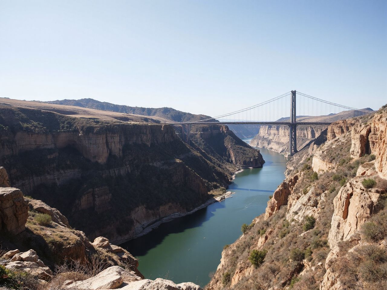 A sweeping view of a deep river gorge with a tall suspension bridge arching across under bright daylight