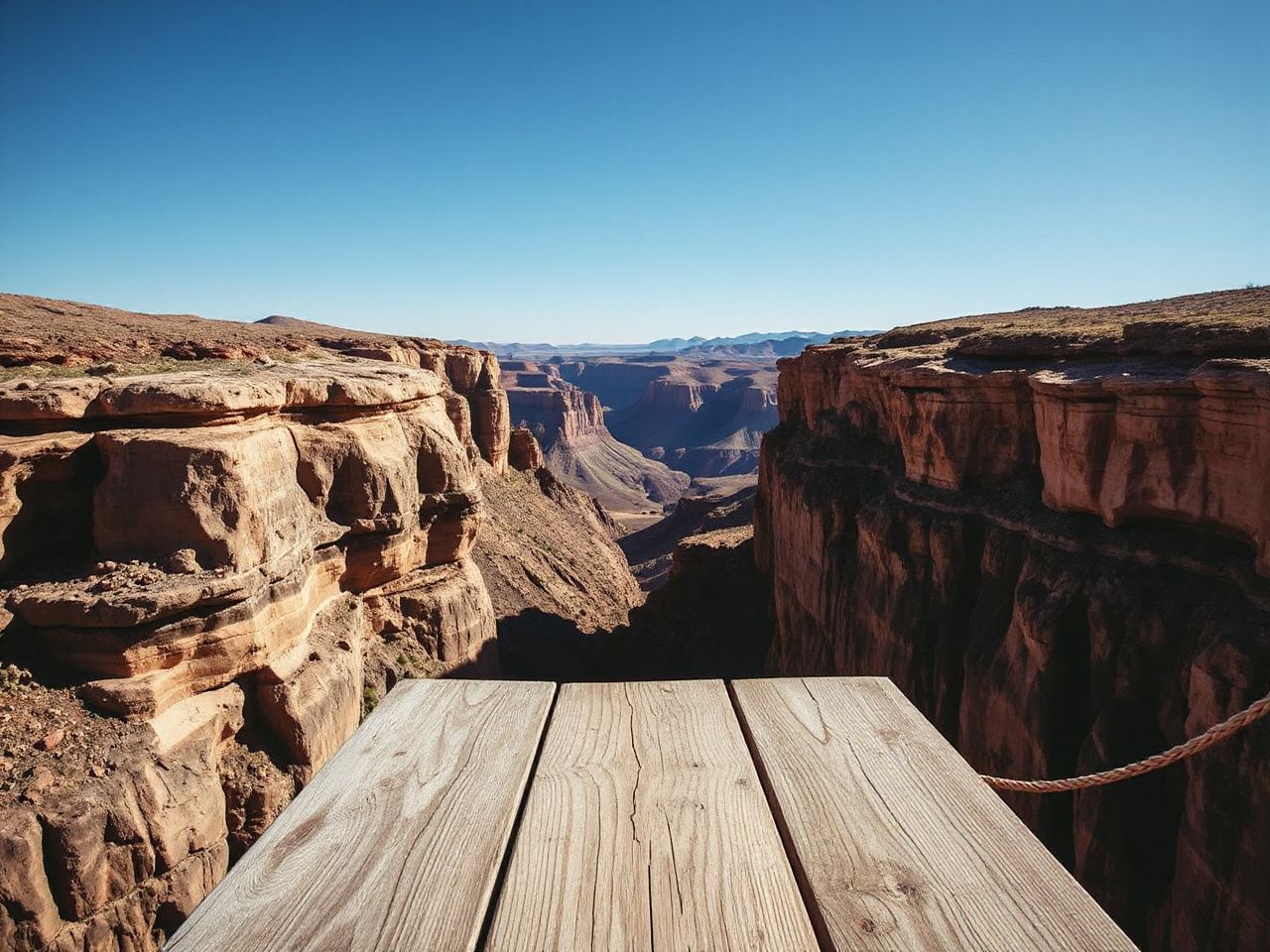 A narrow wooden platform extending over a steep canyon edge, framed by clear blue skies and distant hills