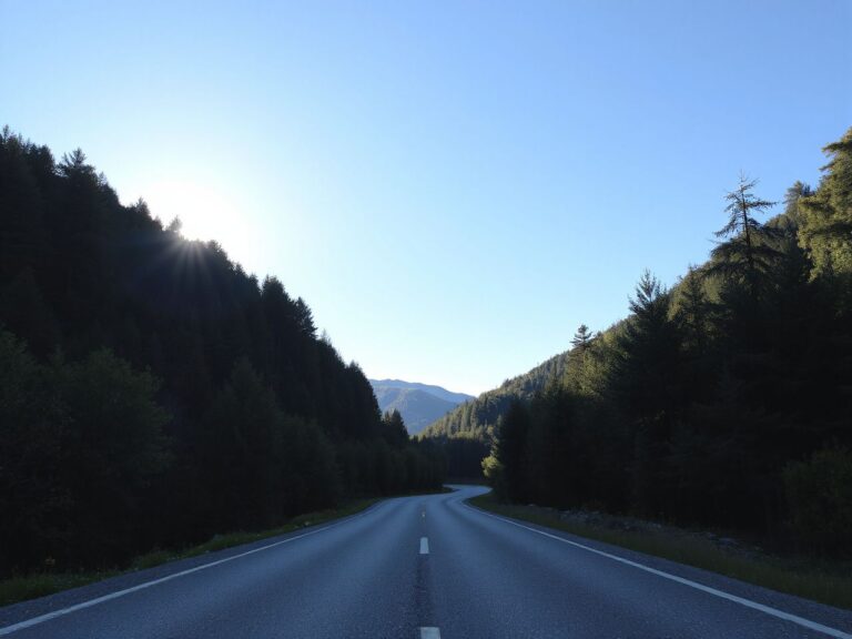 A sunlit mountain road winding through dense green forest under a clear blue sky