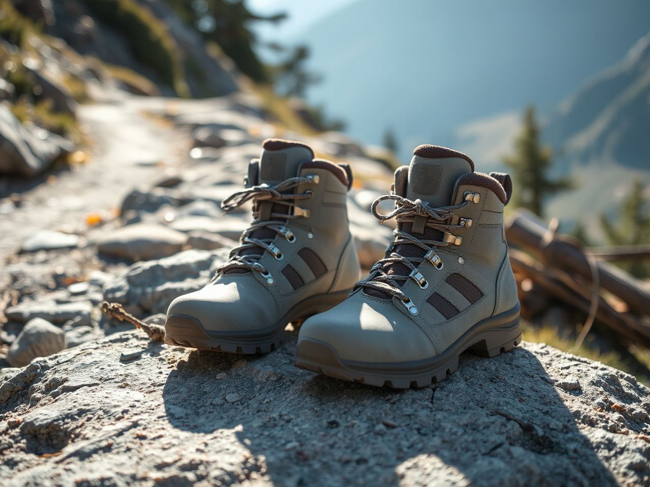 A pair of plain lightweight grey hiking boots on a sunlit rock beside an alpine trail
