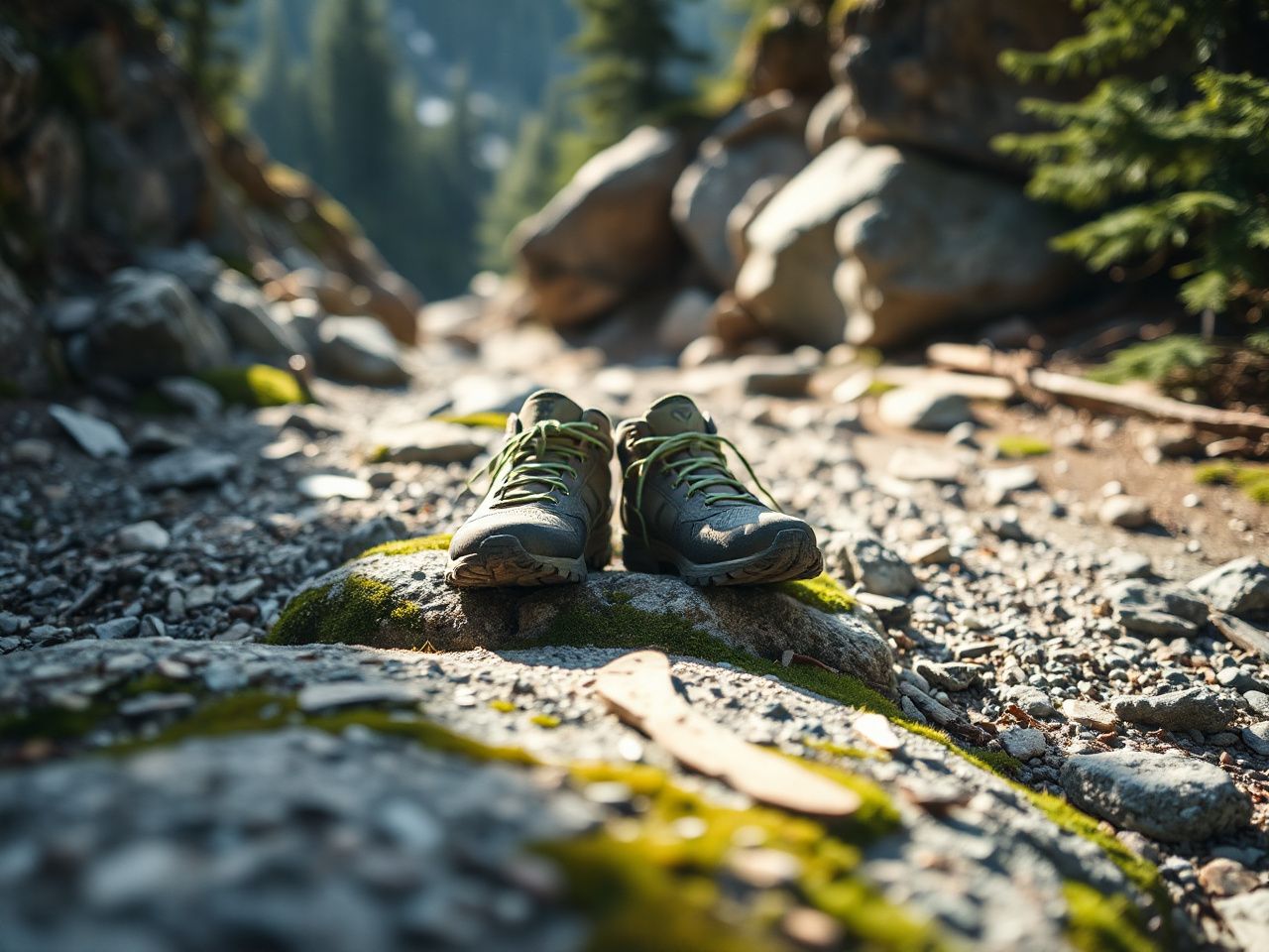 Close-up of a rocky mountain trail with sunlight highlighting lightweight hiking boots resting on a mossy stone