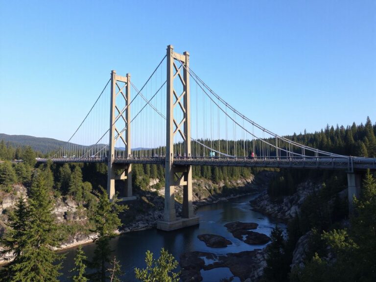 A towering suspension bridge arching over a deep river gorge, surrounded by lush green forest and clear blue sky