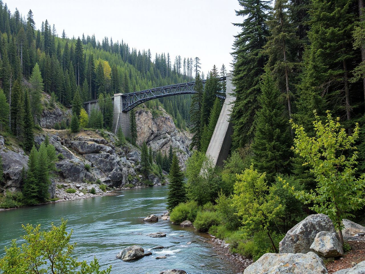 A tall steel bridge spanning a deep forested river gorge in summer, seen from the riverbank below