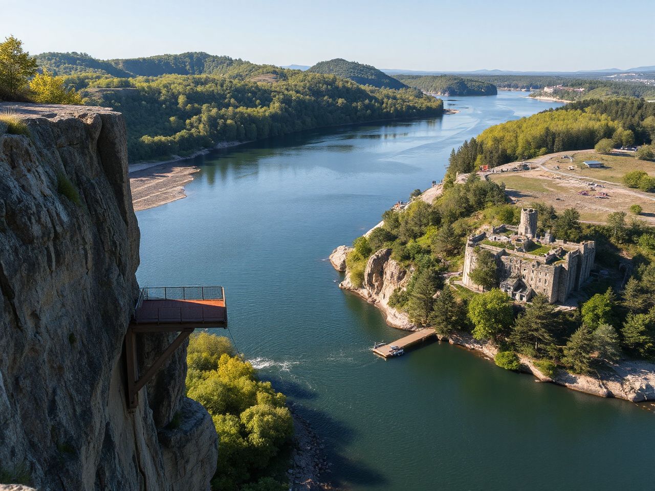 A scenic riverside cliff with a sturdy platform extending over the water, perfect for bungee jumping