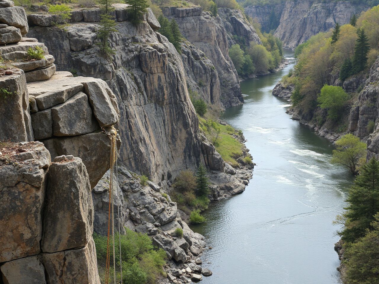 A rugged cliffside overlooking a winding river, highlighting the natural challenges of Ohio’s bungee jump spots