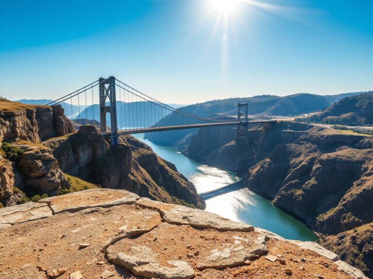 A towering suspension bridge spanning a deep river gorge under a bright blue sky