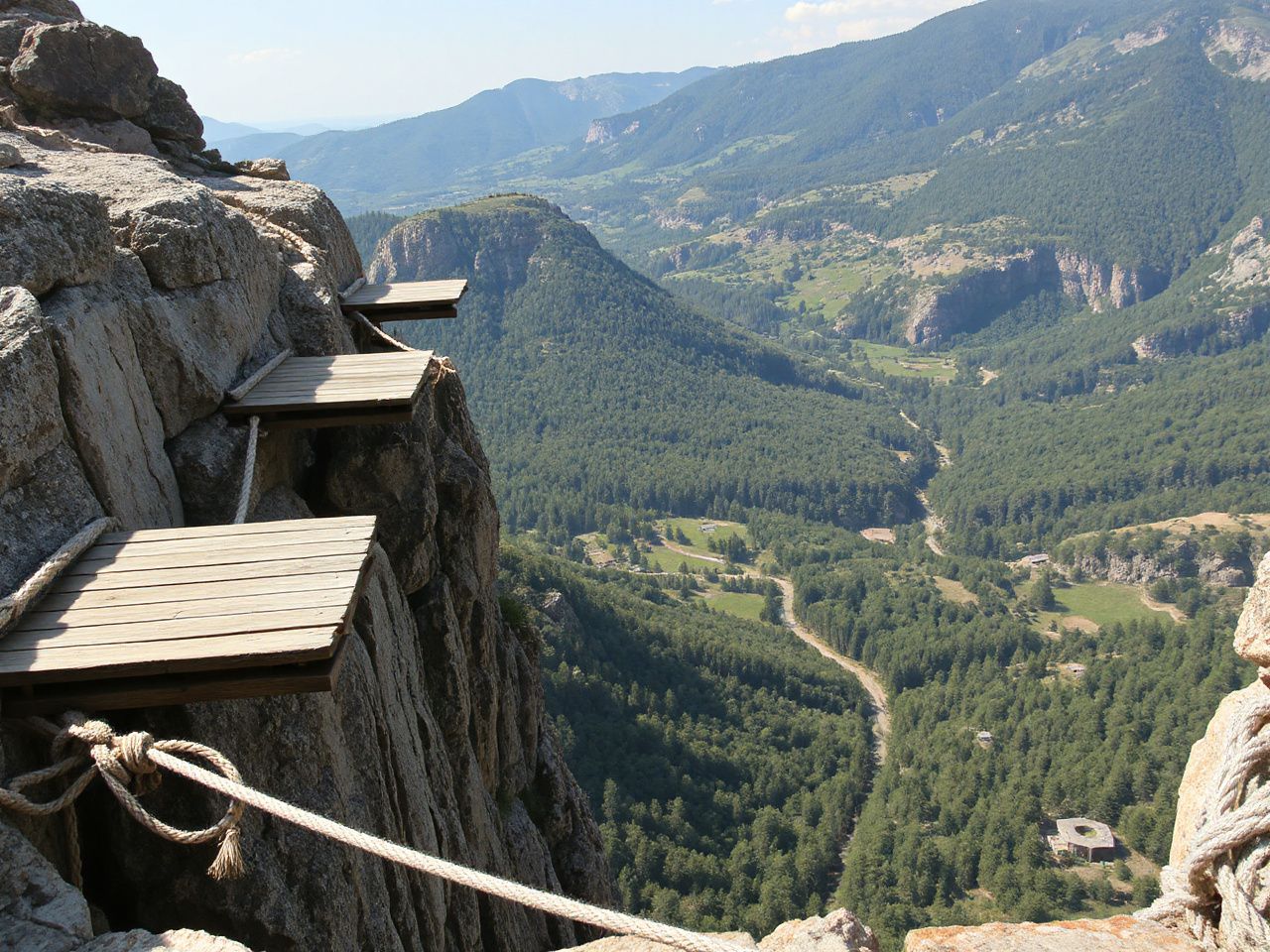 A rugged cliffside with ropes and wooden platforms overlooking a lush green valley
