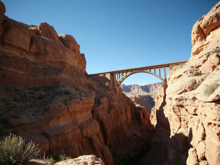 A dramatic desert canyon with a sturdy bridge arching over a deep ravine under clear blue skies