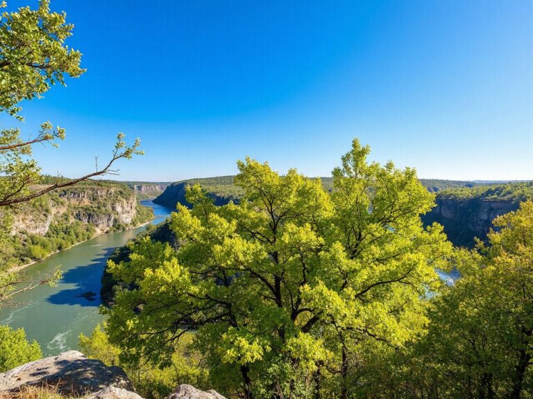 A scenic cliffside overlooking a winding river, framed by lush green trees under a bright blue sky