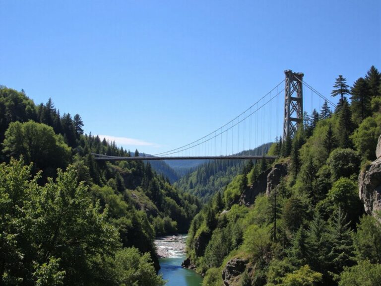 A towering suspension bridge over a deep river gorge, surrounded by lush green forest under clear blue skies