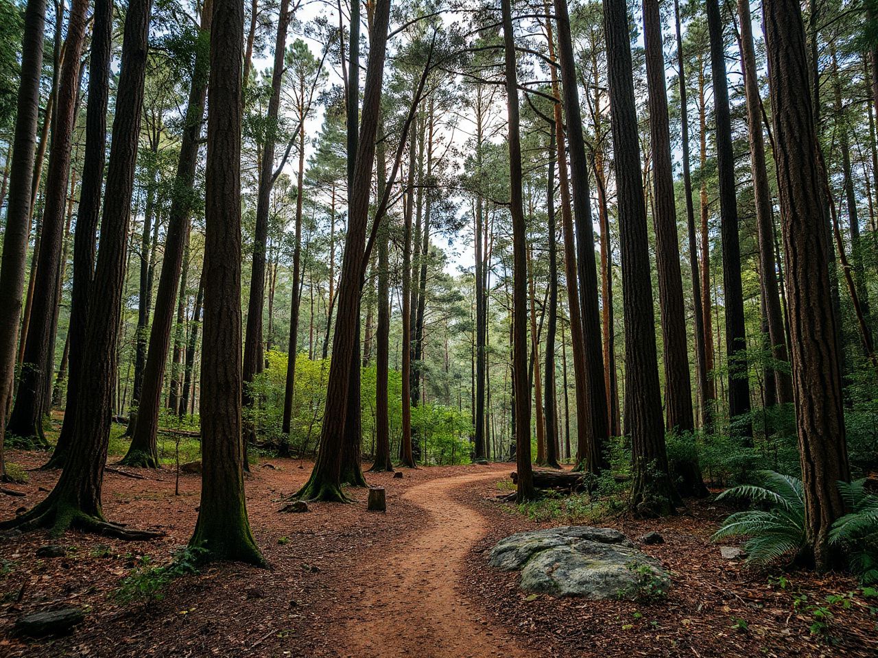 A winding forest trail surrounded by tall eucalyptus trees, capturing the natural essence of Bungy Bungy