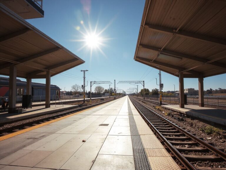 Sunlit train station platform with tracks stretching into the distance under a clear blue sky