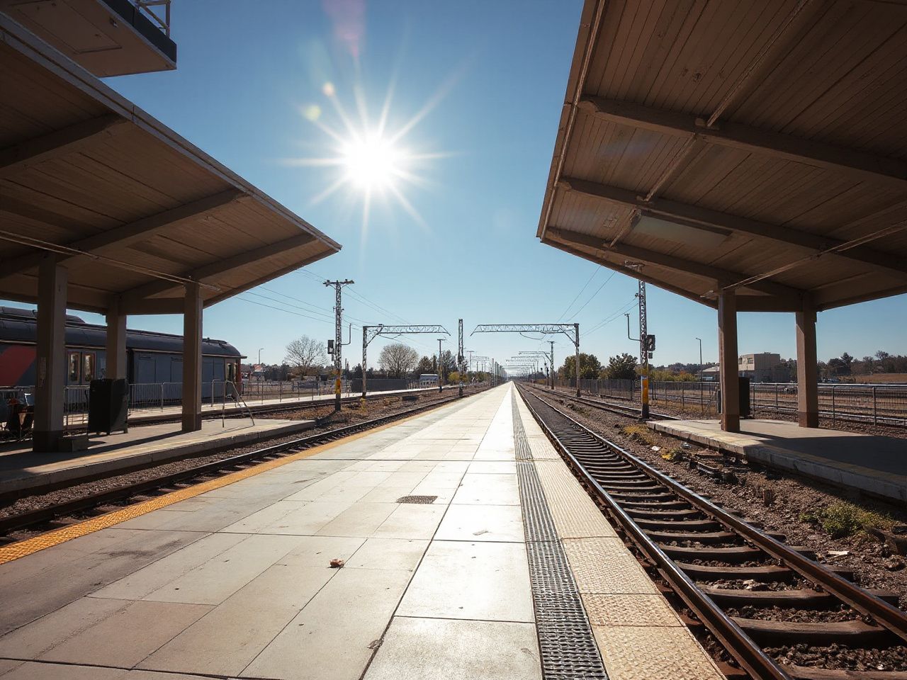Sunlit train station platform with tracks stretching into the distance under a clear blue sky