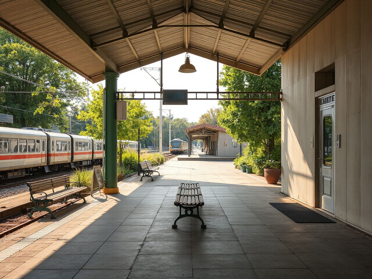 Sunlit train station platform with benches and greenery, viewed from a quiet corner near the lounge entrance
