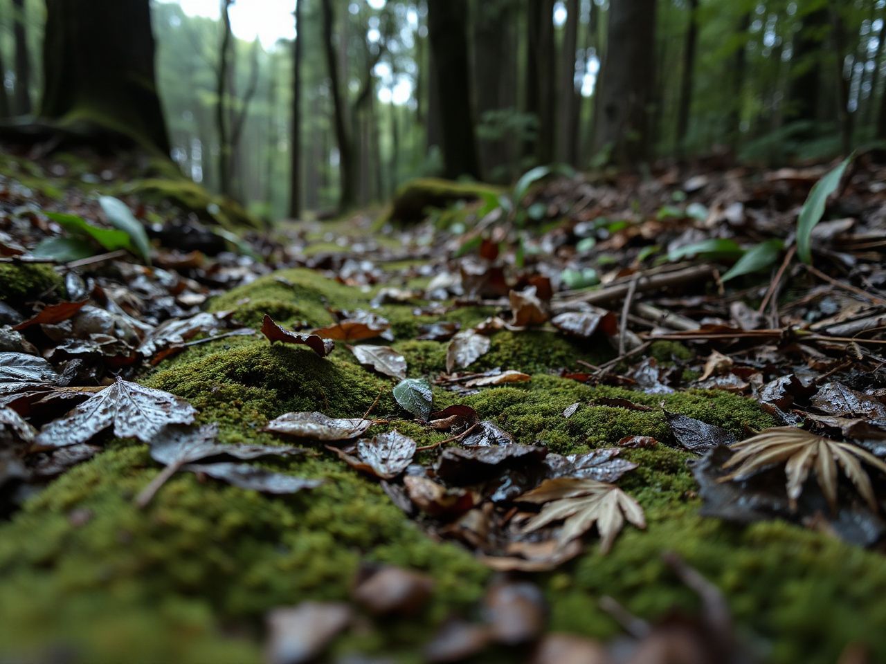 Close-up of a forest trail with wet leaves and moss, highlighting damp conditions after rain
