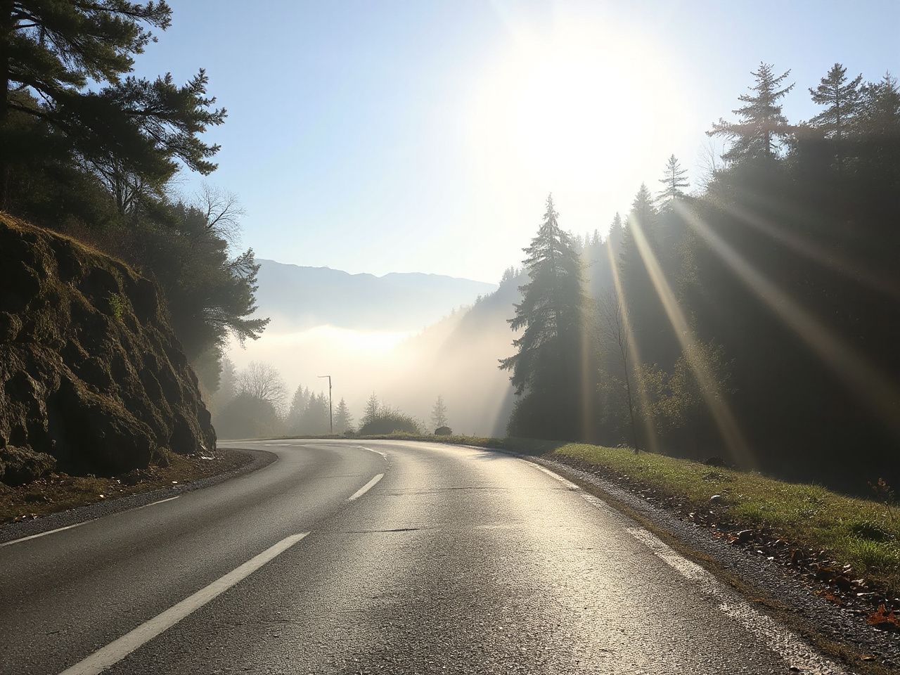 Sunlit mountain road with light mist, illustrating early morning moisture repelled by a water-resistant layer