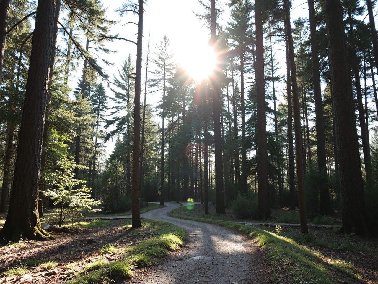 A sunlit forest trail winding through tall trees, illustrating the limits of camping app features in nature