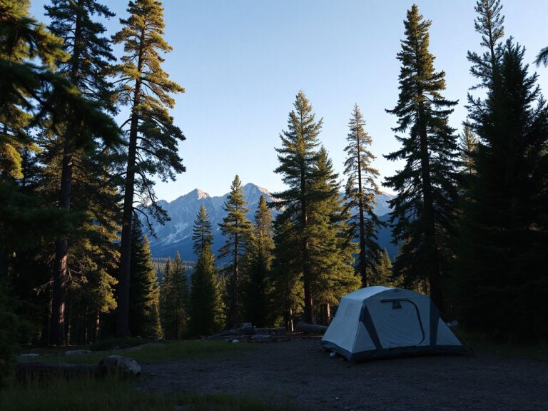 Sunlit campsite nestled among tall pine trees with a clear view of the Rocky Mountain peaks beyond