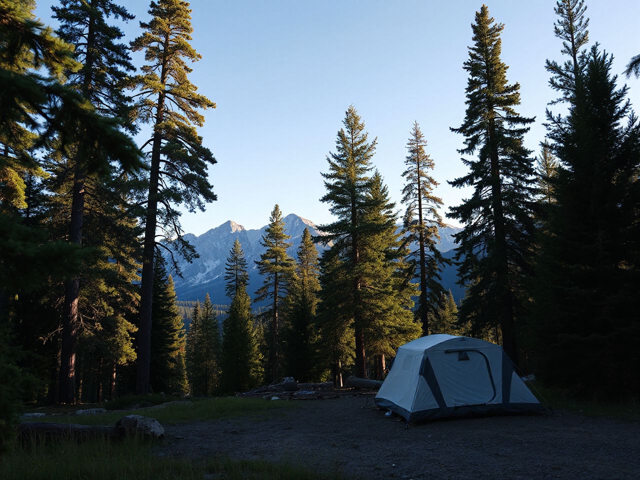 Sunlit campsite nestled among tall pine trees with a clear view of the Rocky Mountain peaks beyond