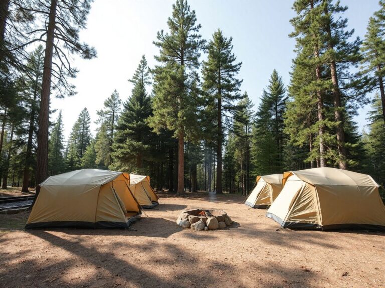 A peaceful forest campsite with neatly arranged tents and a campfire pit under tall pine trees