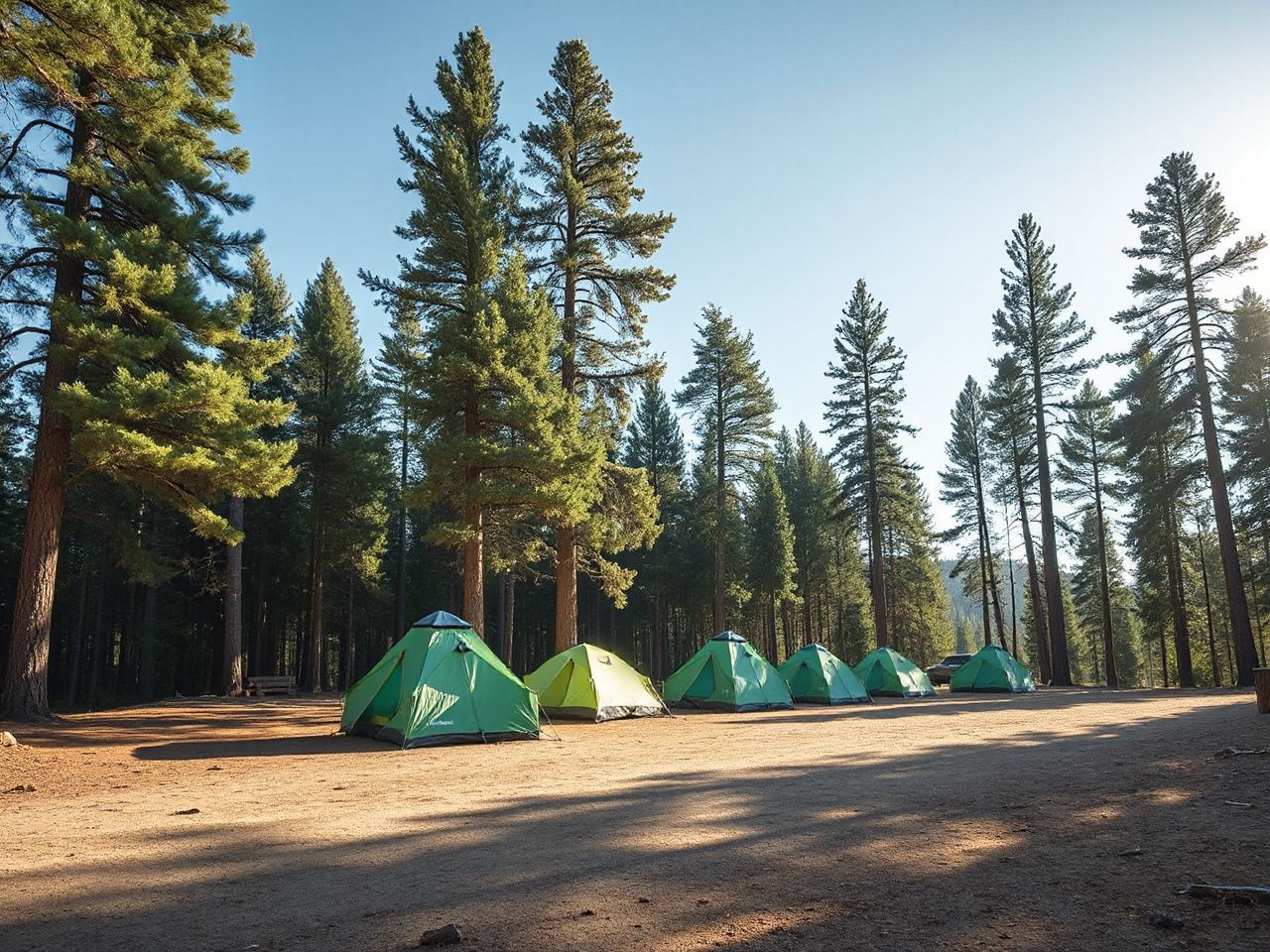 A quiet campsite with clearly spaced tents surrounded by tall pine trees under a bright sky