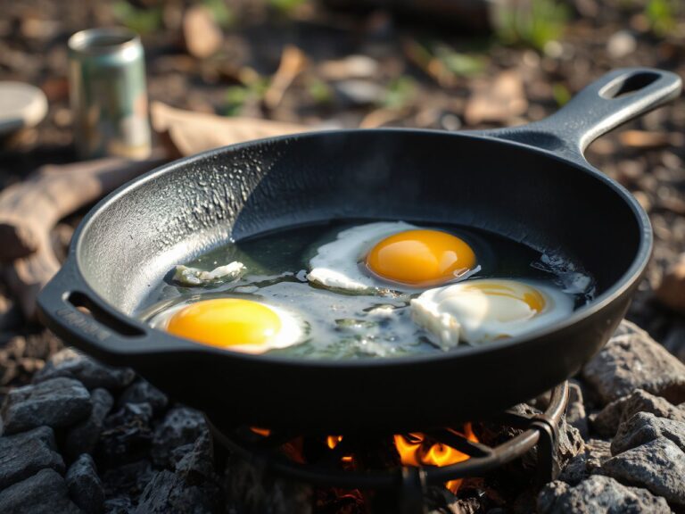 A plain cast iron frying pan with eggs cooking on a grate over a campfire