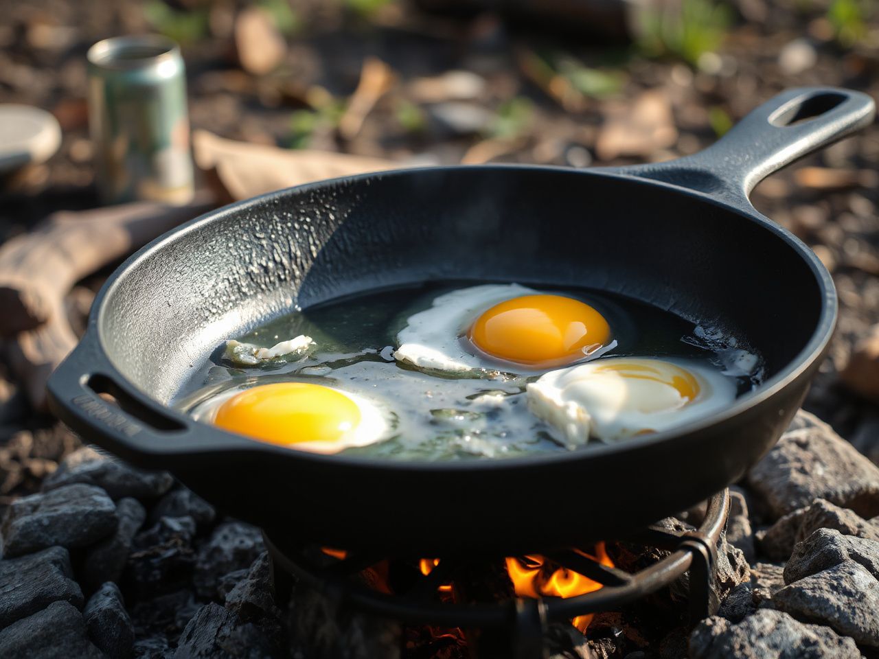 A plain cast iron frying pan with eggs cooking on a grate over a campfire