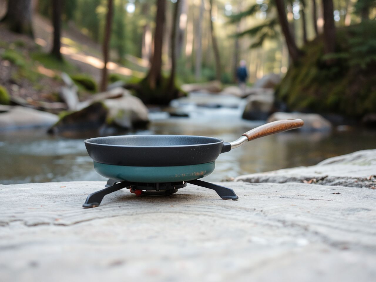 A lightweight frying pan resting on a portable camping stove beside a tranquil forest stream