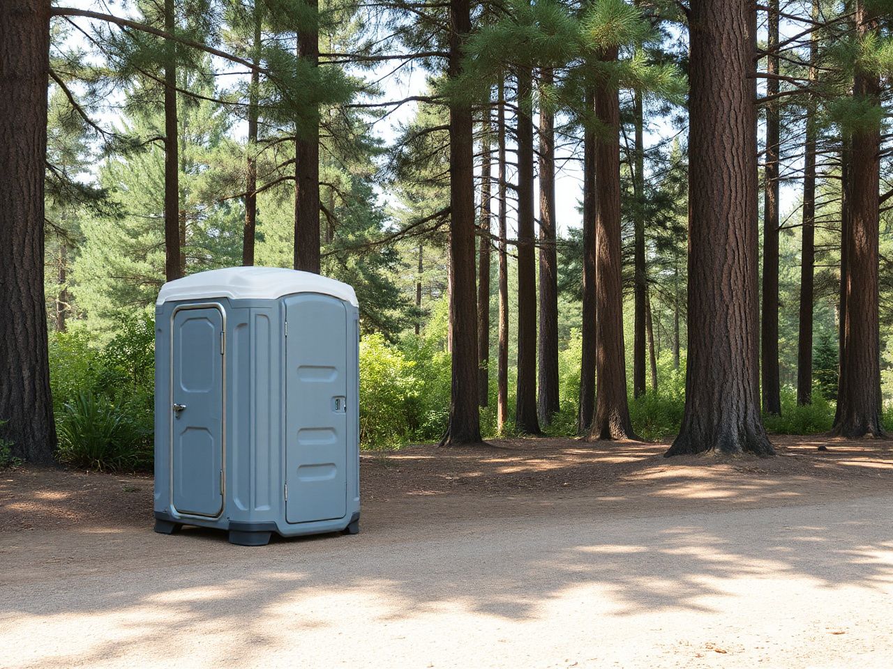 Portable potty discreetly set up beside a shaded forest clearing, surrounded by tall pine trees and soft ground