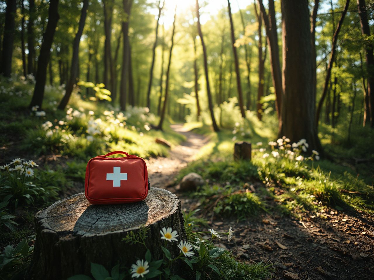 A sunlit forest trail with wildflowers and a small first aid kit resting on a tree stump nearby