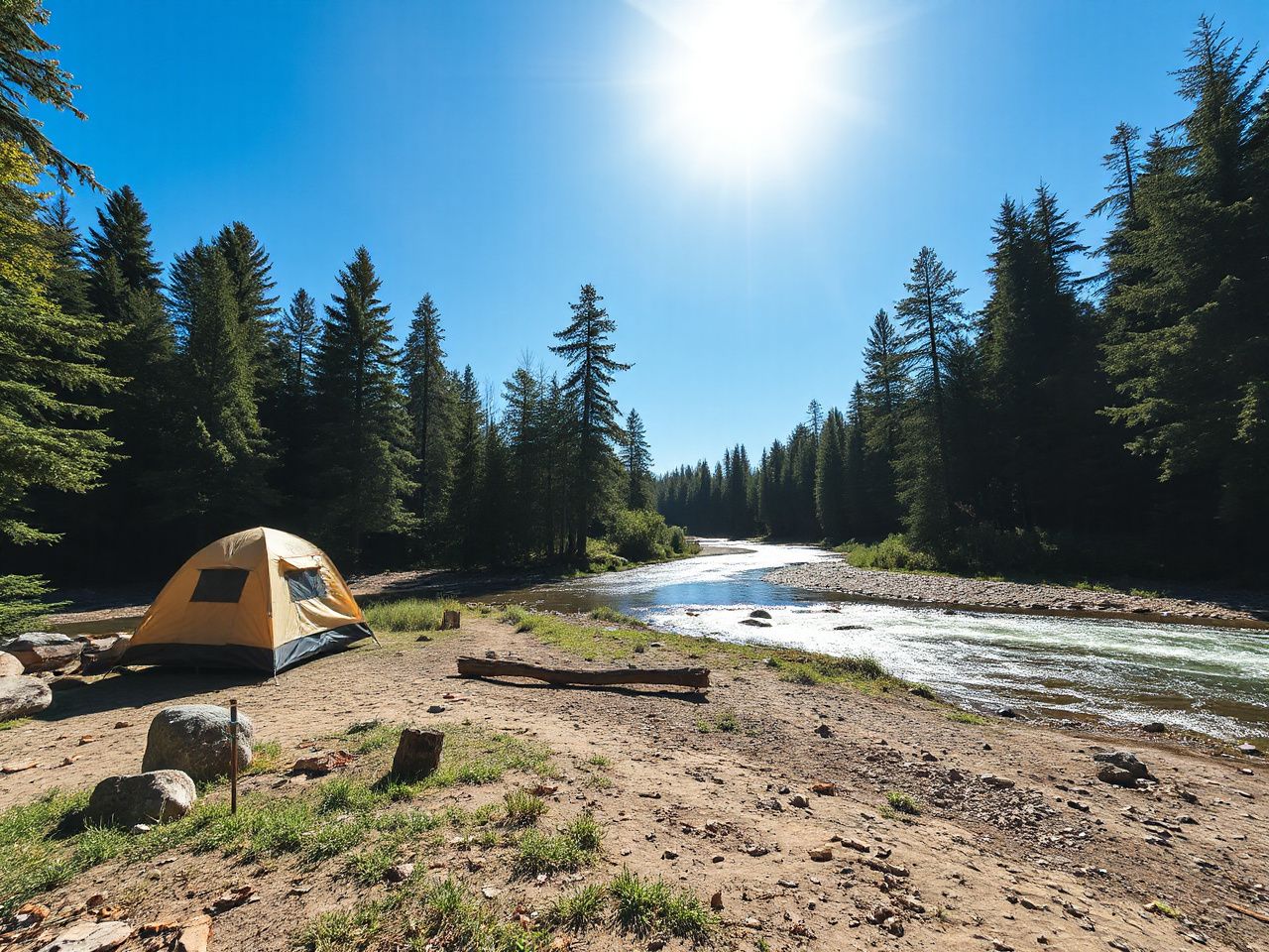 A sunlit forest clearing with a rustic campsite setup beside a gently flowing river under blue skies