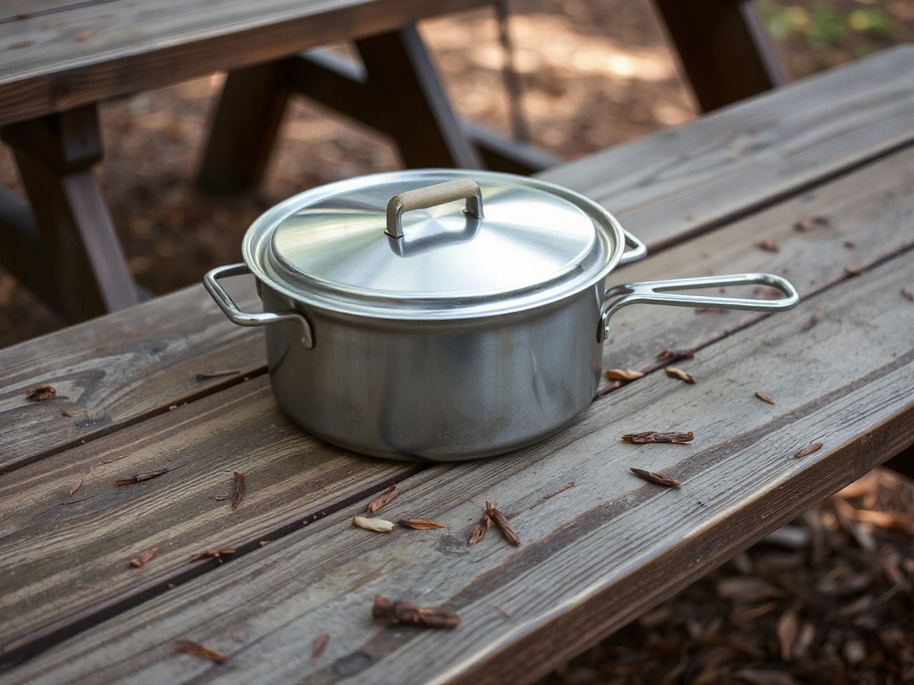 Close-up of a durable metal mess kit resting on a weathered wooden picnic table surrounded by pine needles