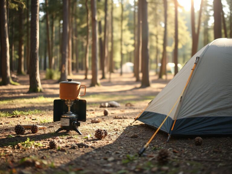 A sunlit forest clearing with a compact camping stove set up beside a small tent and scattered pinecones