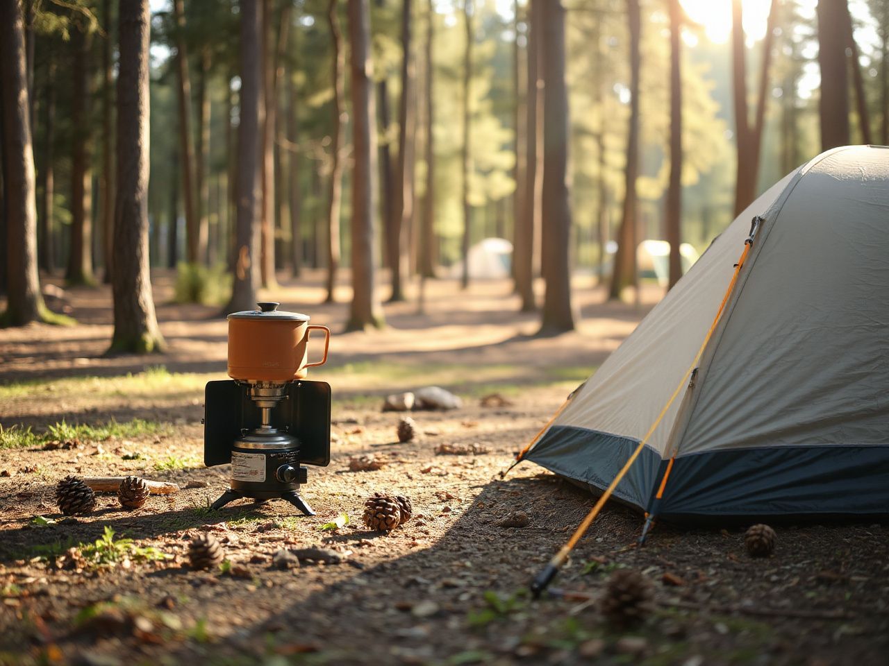 A sunlit forest clearing with a compact camping stove set up beside a small tent and scattered pinecones