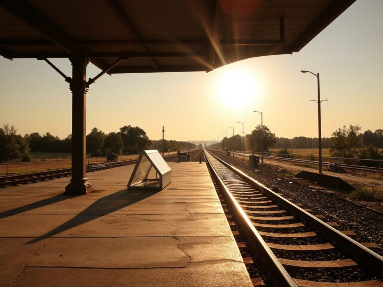 A sunlit train station platform with tracks stretching into a distant, tree-lined horizon under a clear sky