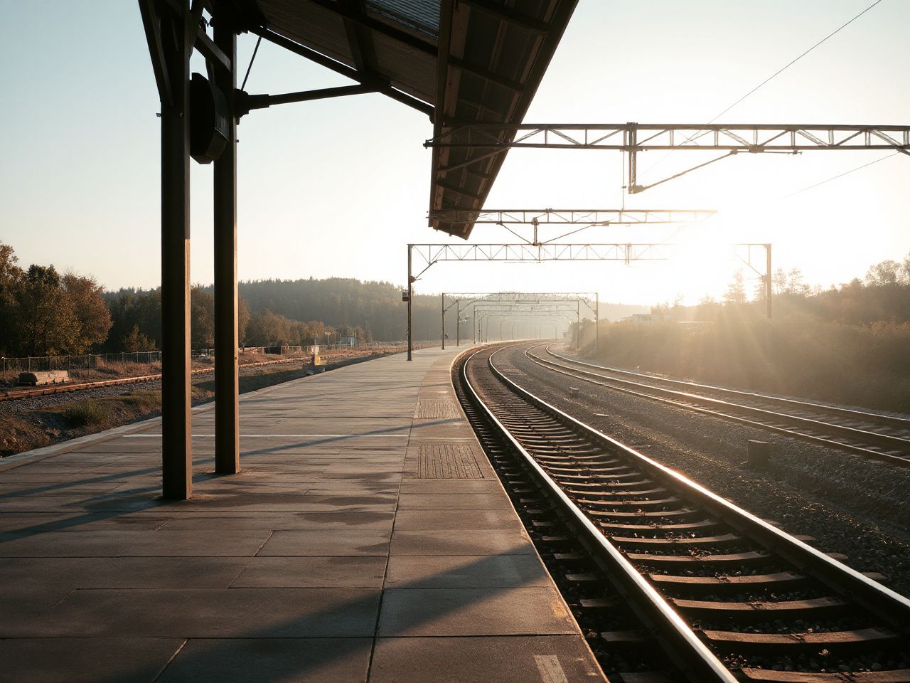 A quiet train station platform bathed in morning light, with tracks stretching into a distant forested horizon