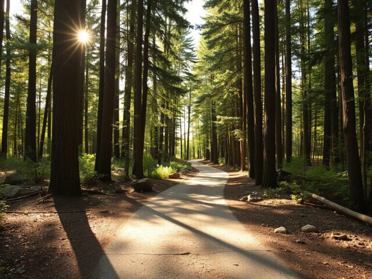 Sunlit forest trail winding through tall trees with scattered rocks and patches of sunlight